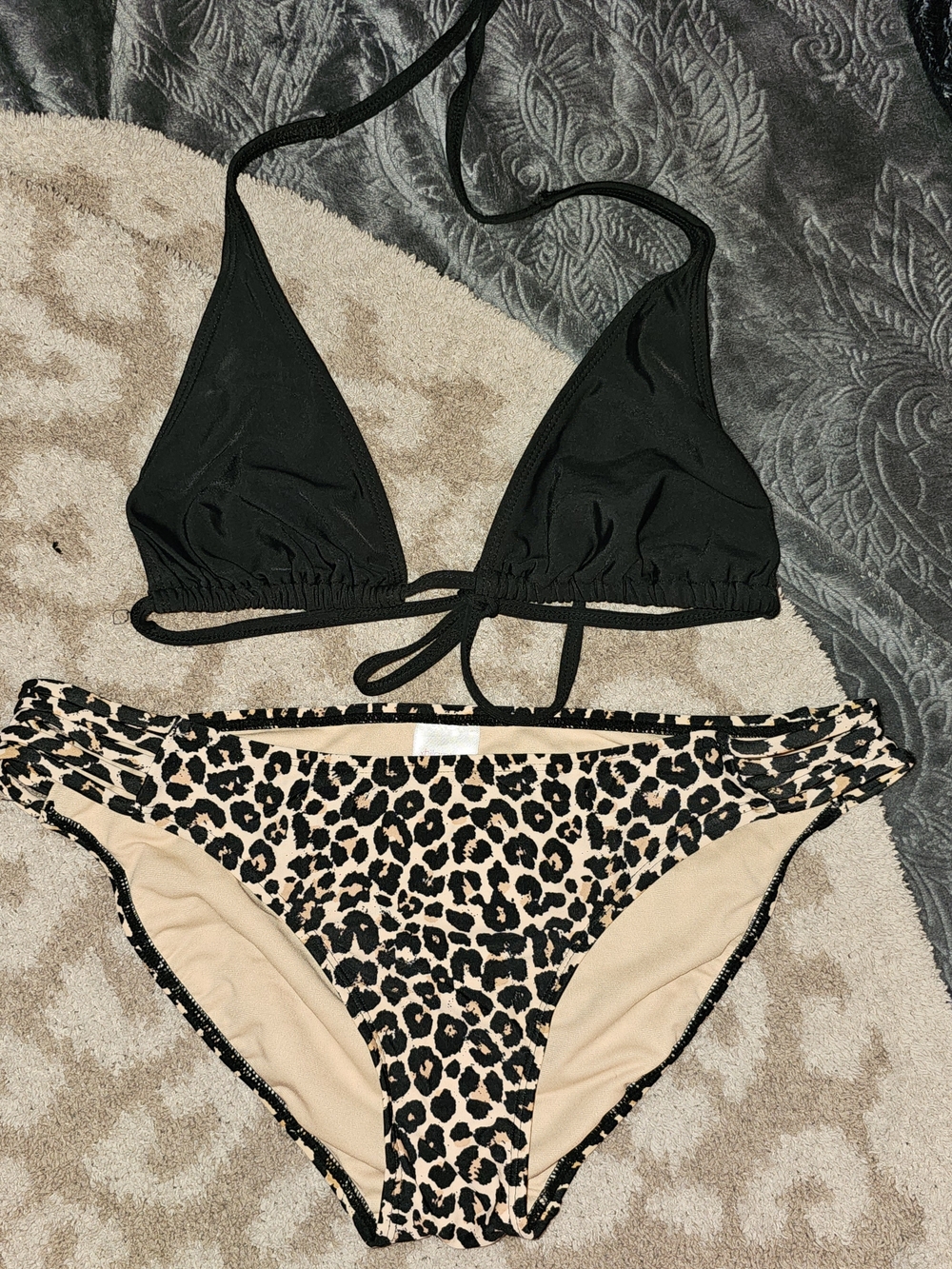 Xhilaration Black Triangle Bikini Top with Leopard Print Bottoms